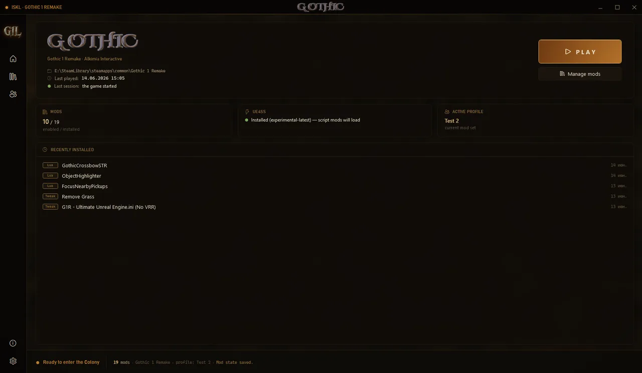 Official G1L launcher home screen showing Gothic 1 Remake, a profile, and enabled mods