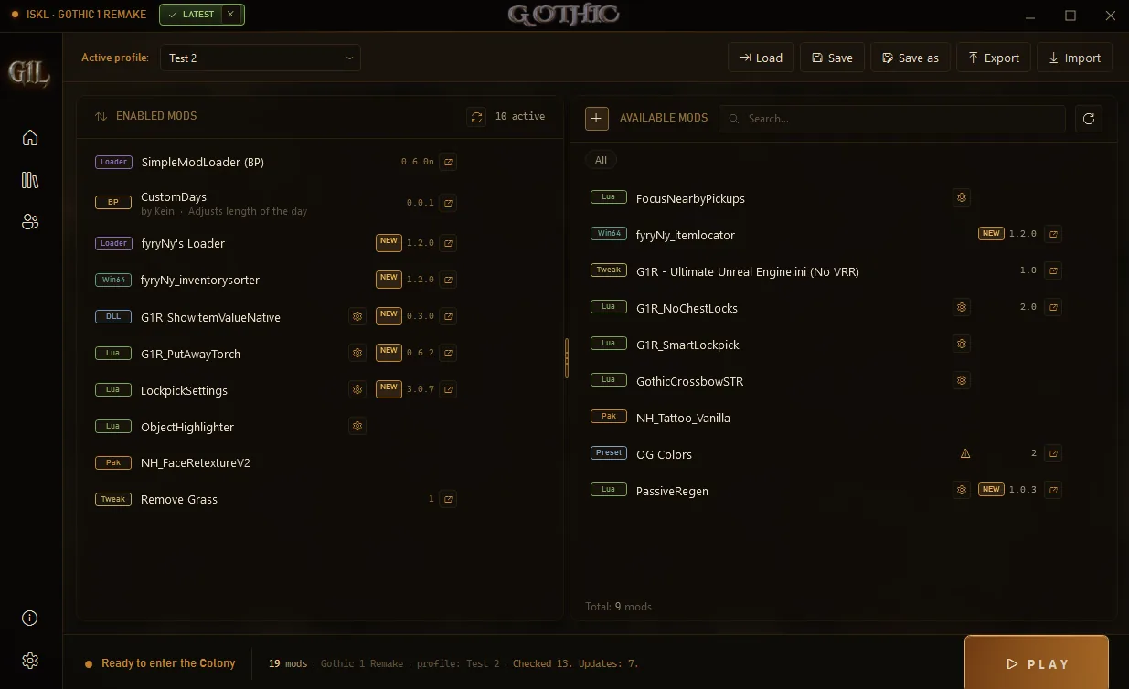 Official G1L mod management view showing profiles, enabled mods, available mods, and mod types