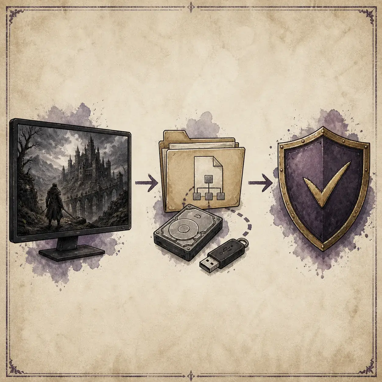 Editorial illustration showing a Gothic game screen moving through a save folder to a protected backup